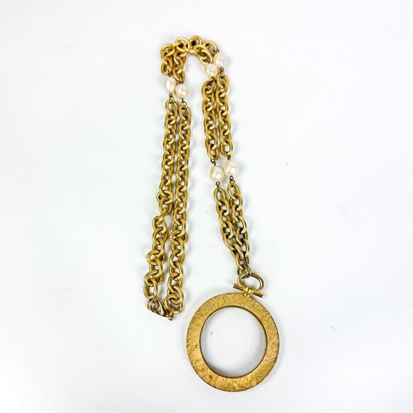 Chunky Chain Faux Pearl Gold Tone Magnifying Glass Loupe Pendant Necklace - Picture 3 of 5